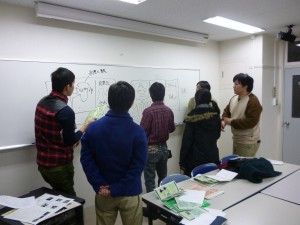 多田先生やデザイナー杉井さんを交えて、パンフレットのデザインを議論する2班のみなさん
